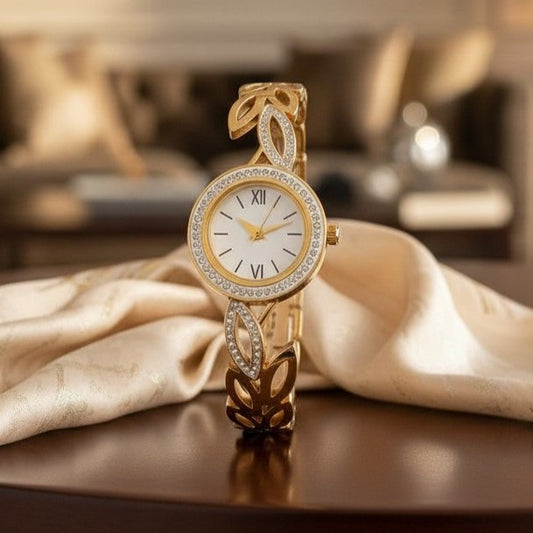 Gold Leaf Design Bracelet Watch for Women | Stylish Crystal Watch