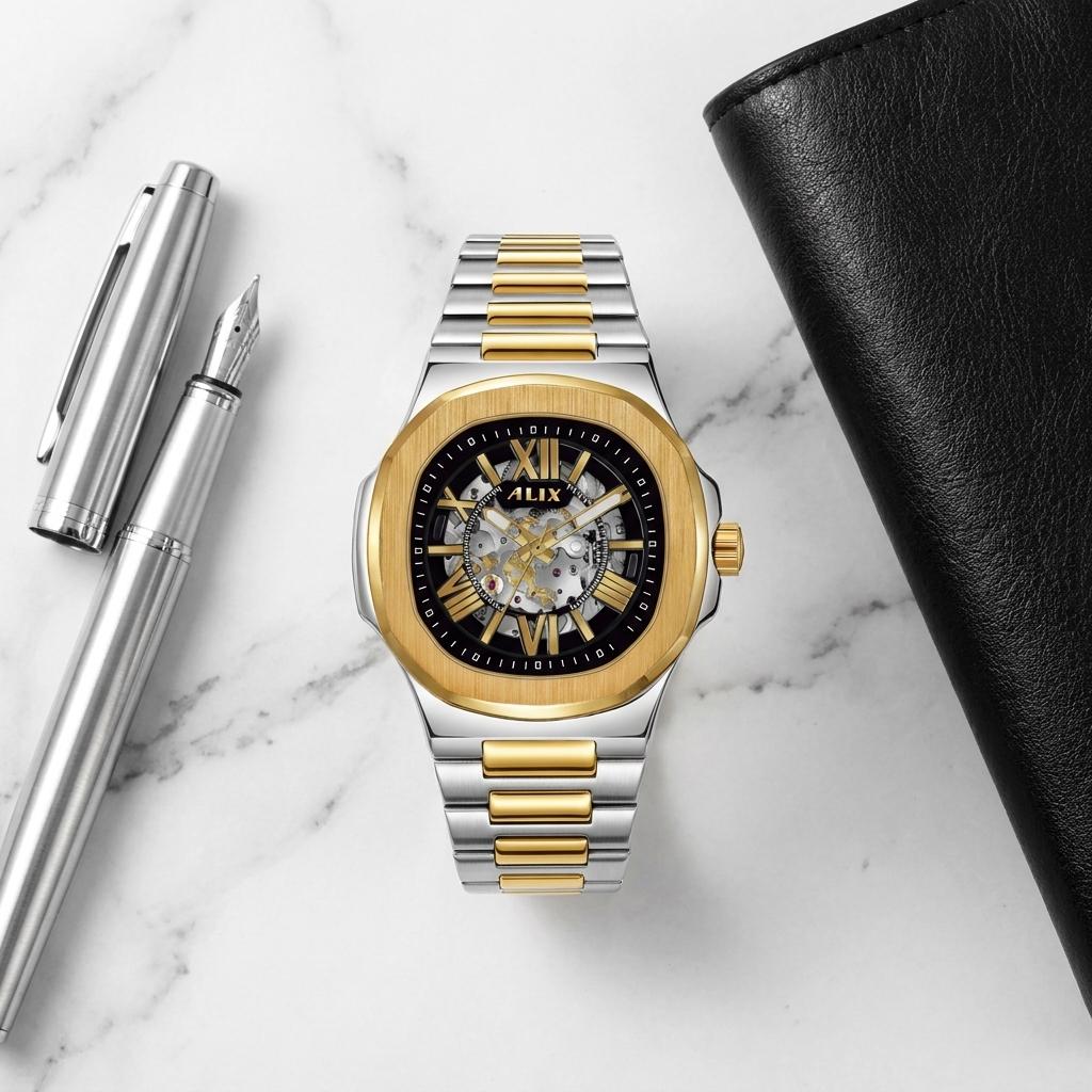 Luxury Automatic Mechanical Men’s Watch Gold Silver Metal Strap Black Dial Watch