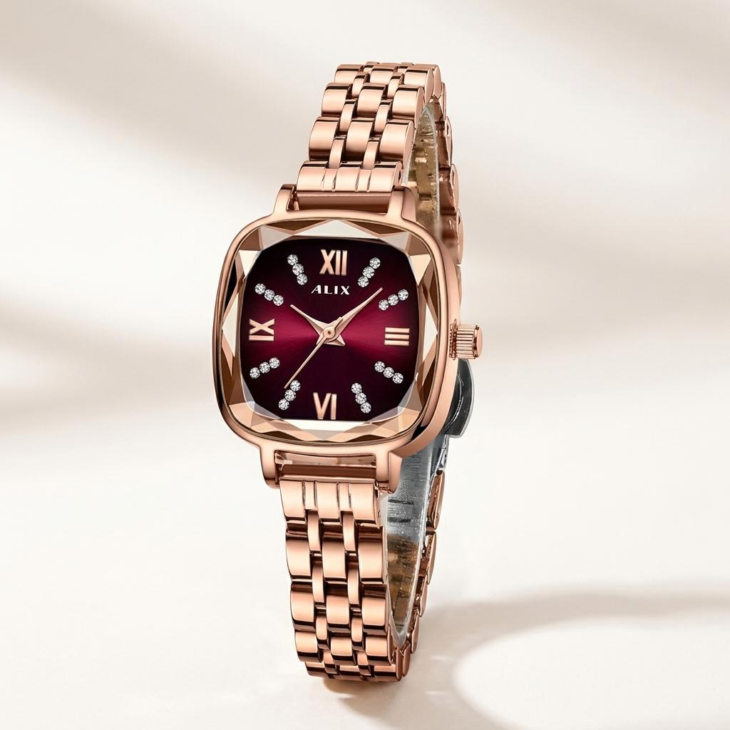Rose Gold Red Square Dial Analog Watch for Women & Girls