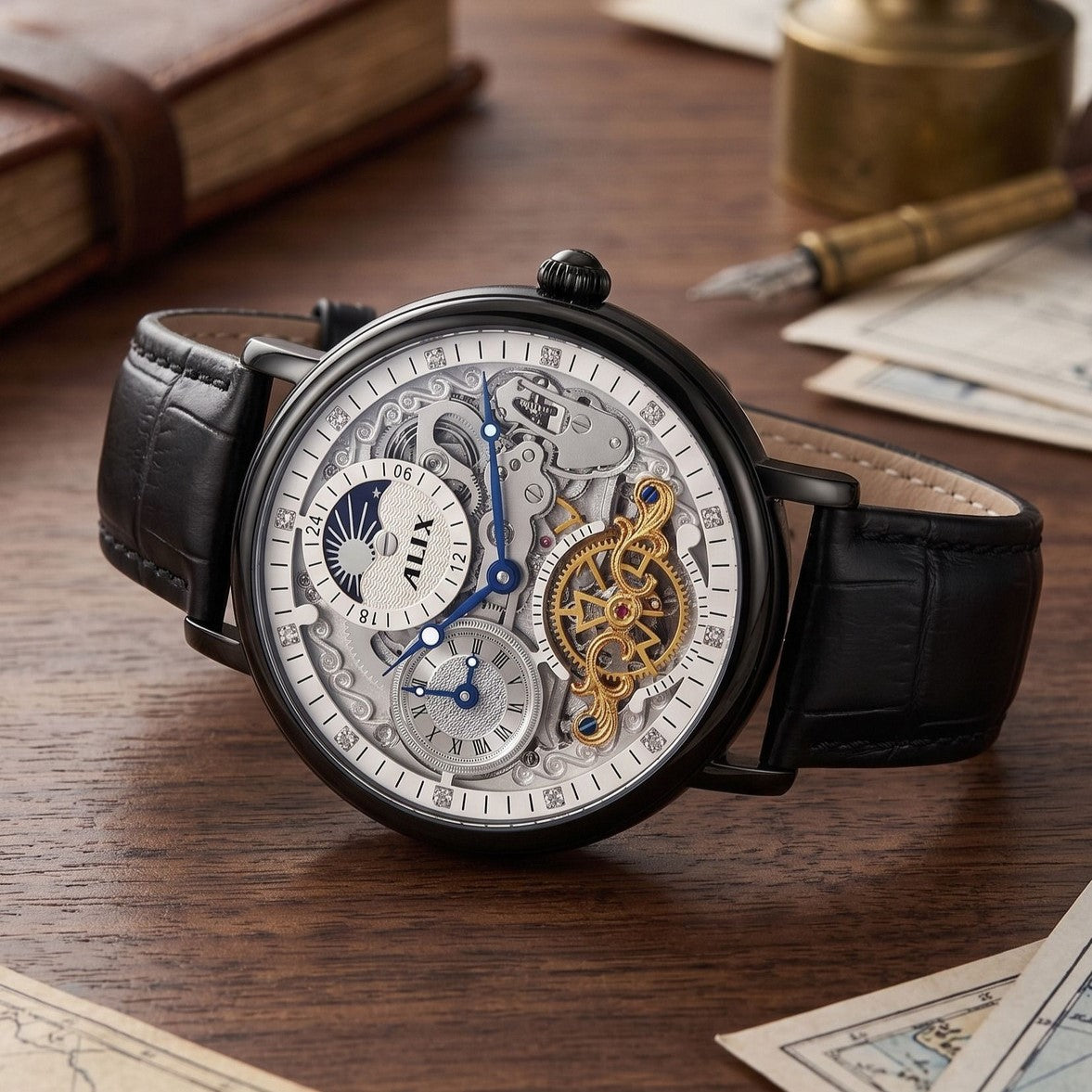 Luxury Automatic Skeleton Watch for Men with Black Leather Strap