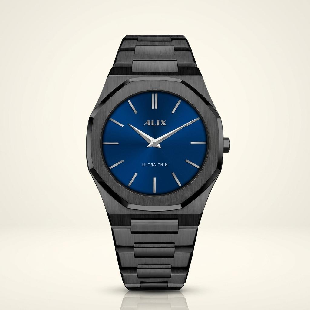 Men’s Ultra Thin Black Stainless Steel Watch with Blue Dial