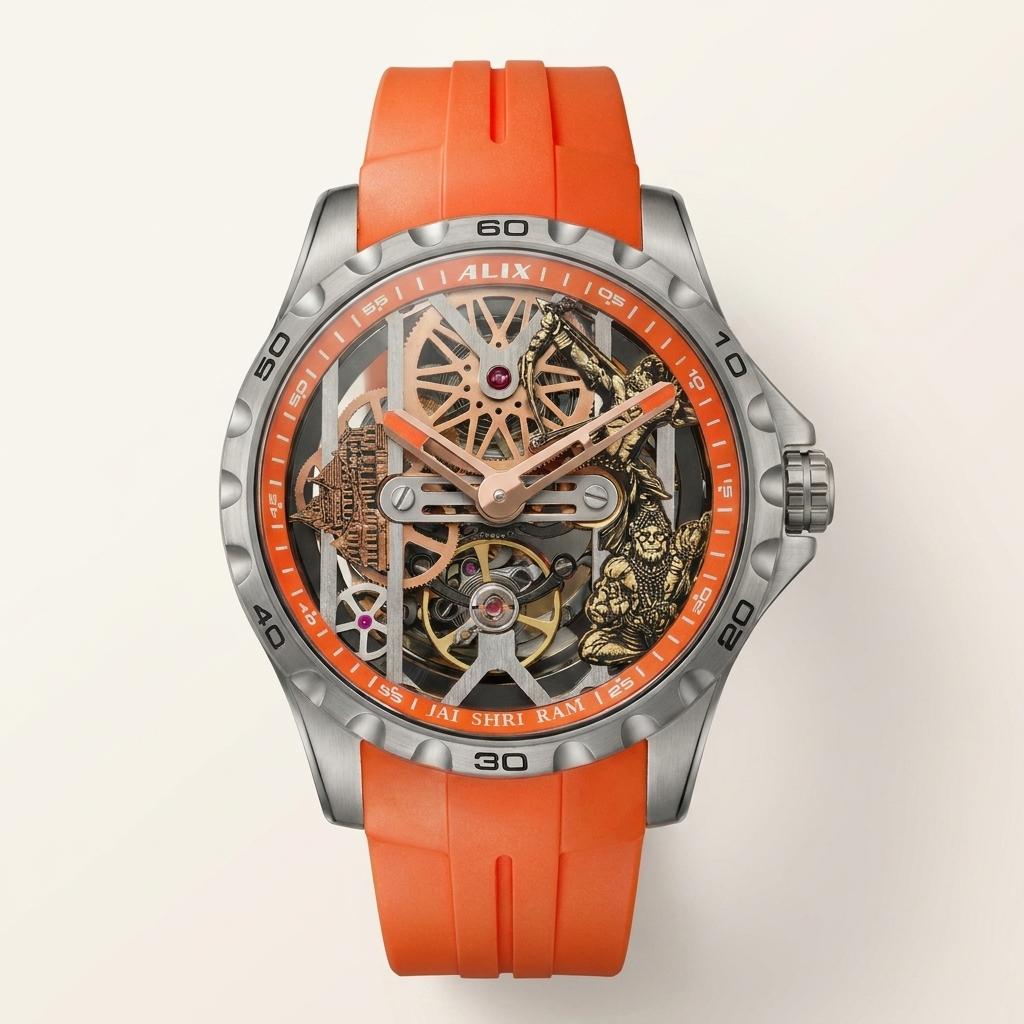 Orange Automatic Skeleton Ram mandir With Lord Rama and hanuman ji Dial Men’s Watch with Silicone Strap – Stylish Sports Watch