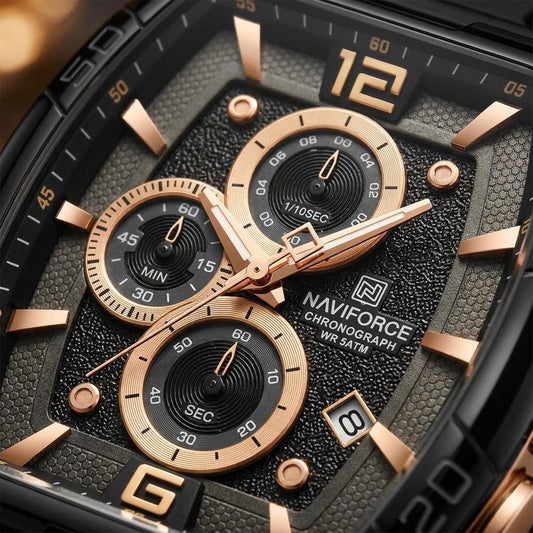 Chronograph Men's Watch with Black Silicone Strap, Water Resistant Quartz Movement, Gold Accents, Date Display for Casual & Formal Wear