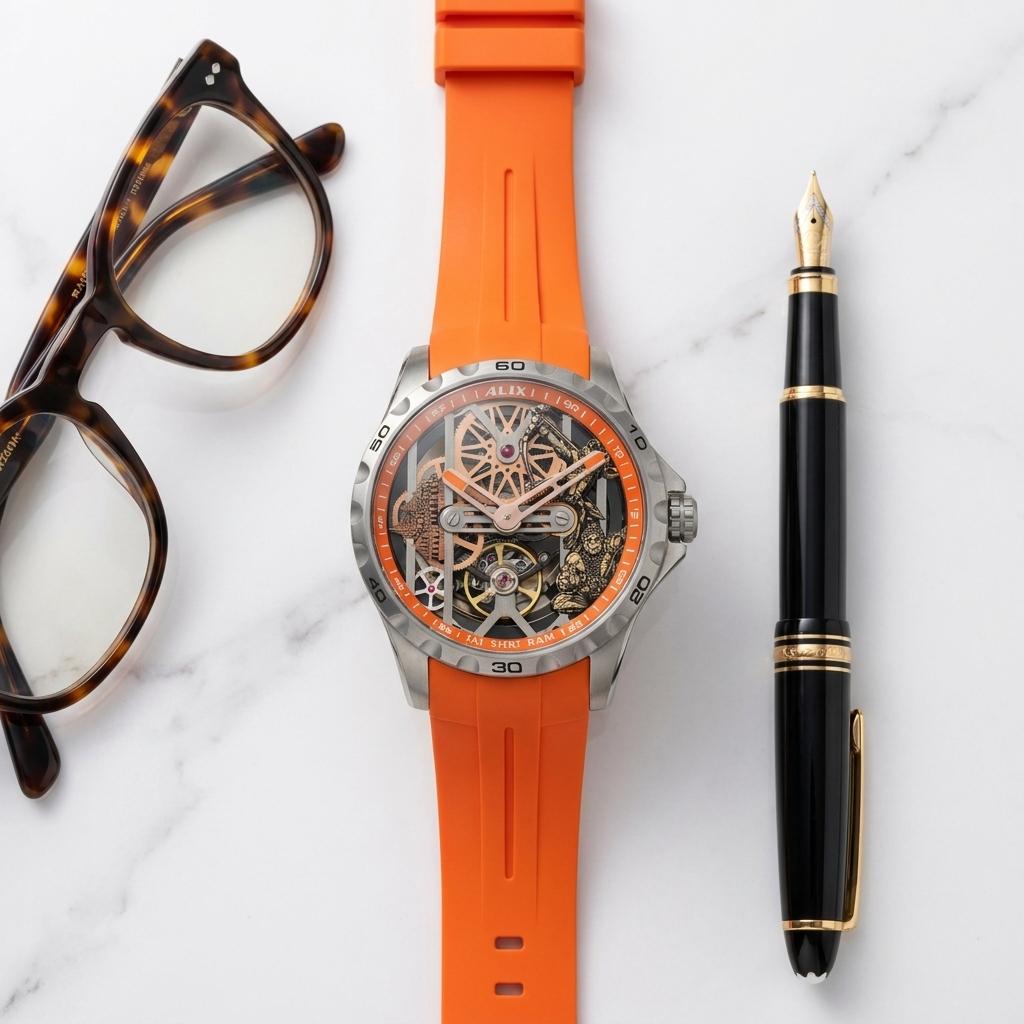 Orange Automatic Skeleton Ram mandir With Lord Rama and hanuman ji Dial Men’s Watch with Silicone Strap – Stylish Sports Watch
