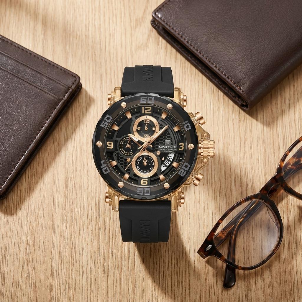 Luxury Black Gold Chronograph Men’s Watch Silicone Strap Sports Watch