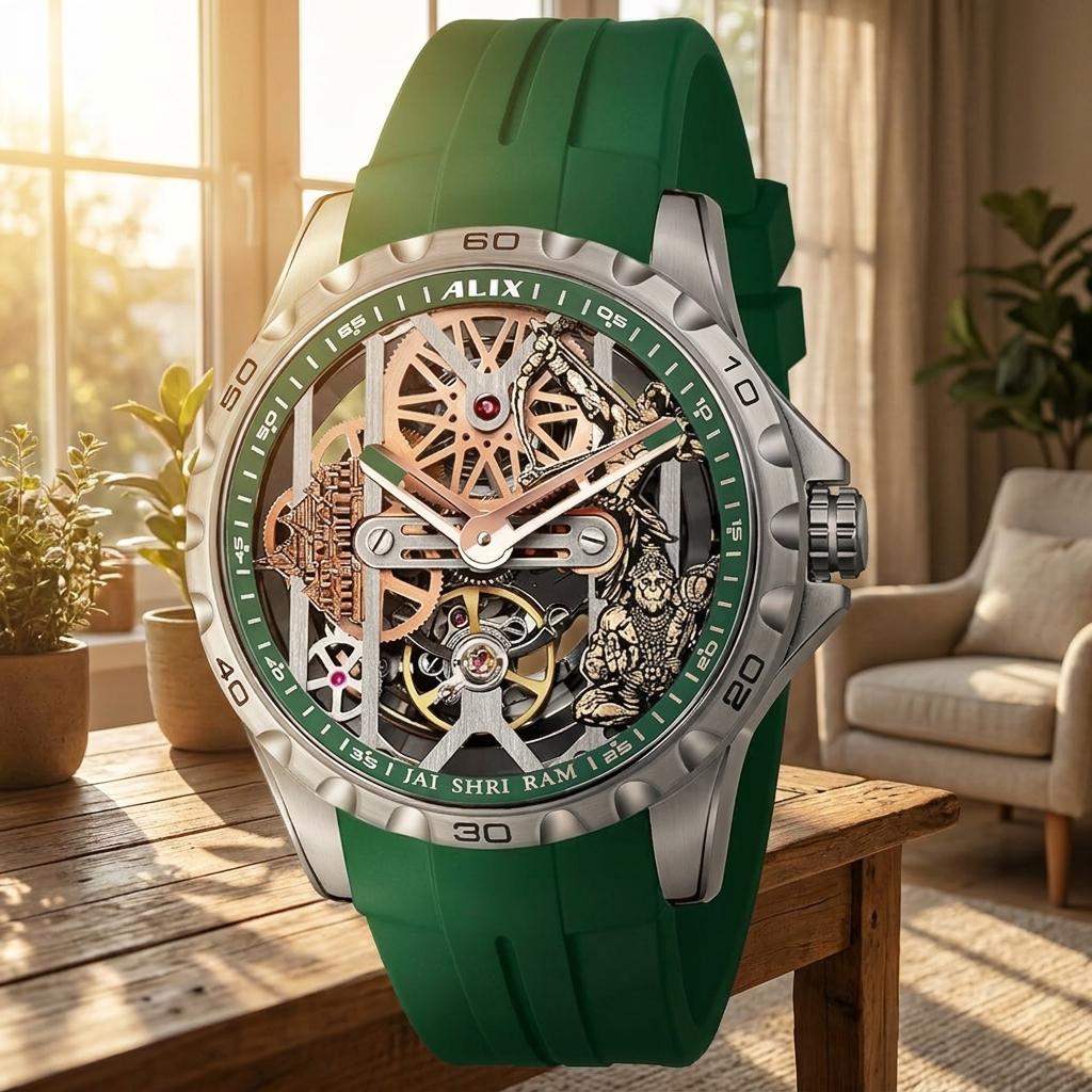 Green Automatic Skeleton Ram mandir With Lord Rama and hanuman ji Dial Men’s Watch with Silicone Strap – Luxury Sports Watch