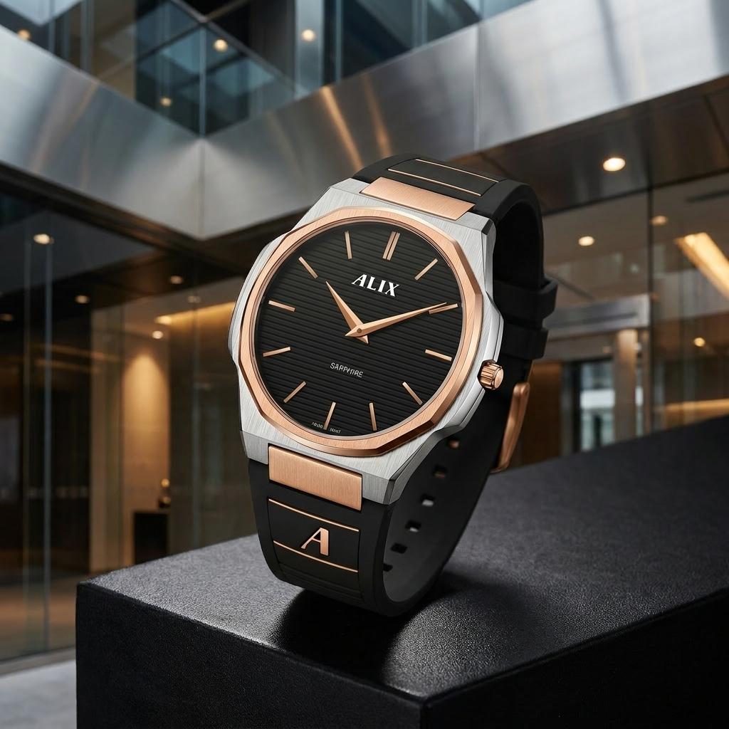 Luxury Black Dial Rose Gold Men’s Watch with Silicone Strap