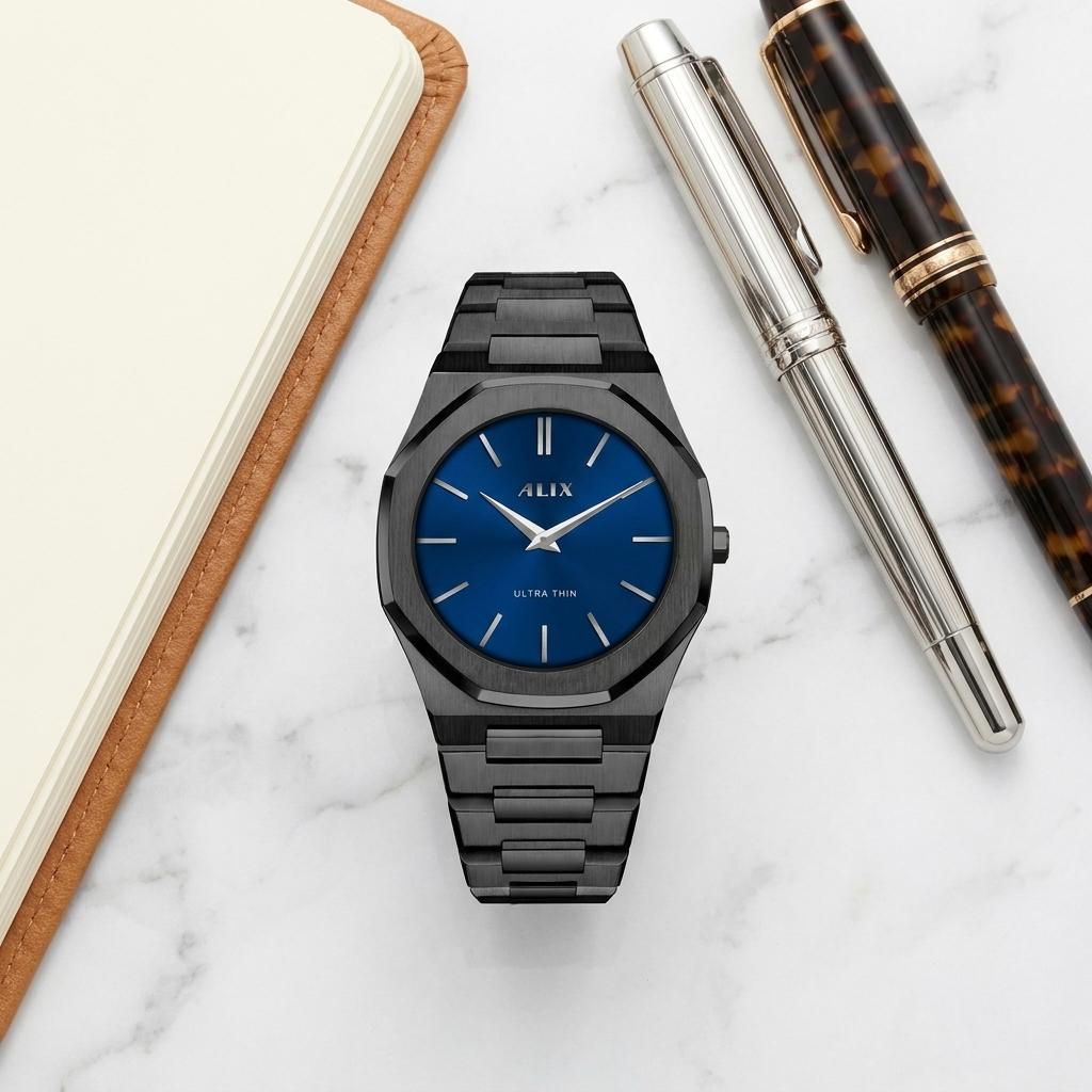 Men’s Ultra Thin Black Stainless Steel Watch with Blue Dial