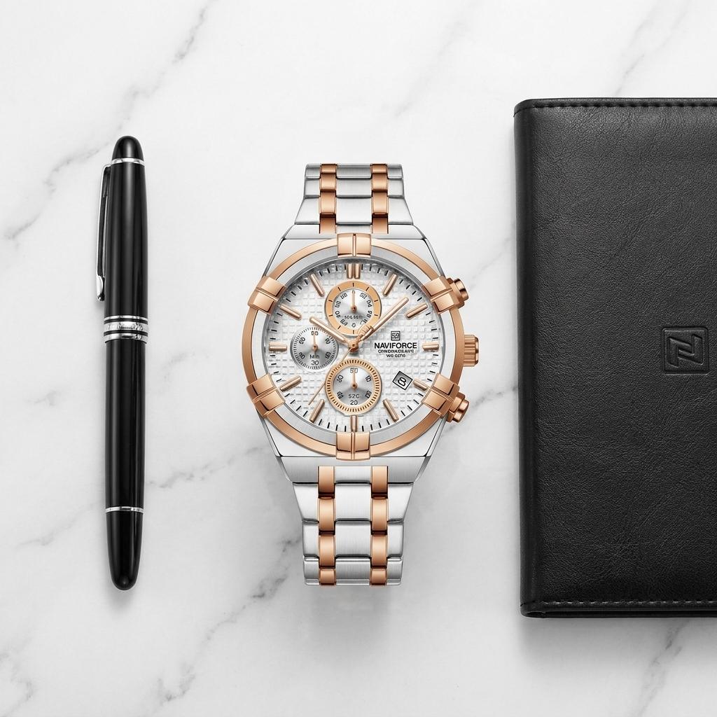 Silver Rose Gold Chronograph Stainless Steel Watch for Men & Boys