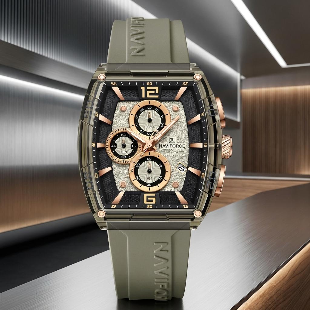 Olive Green Luxury Sports Chronograph Silicone Strap Watch for Men & Boys