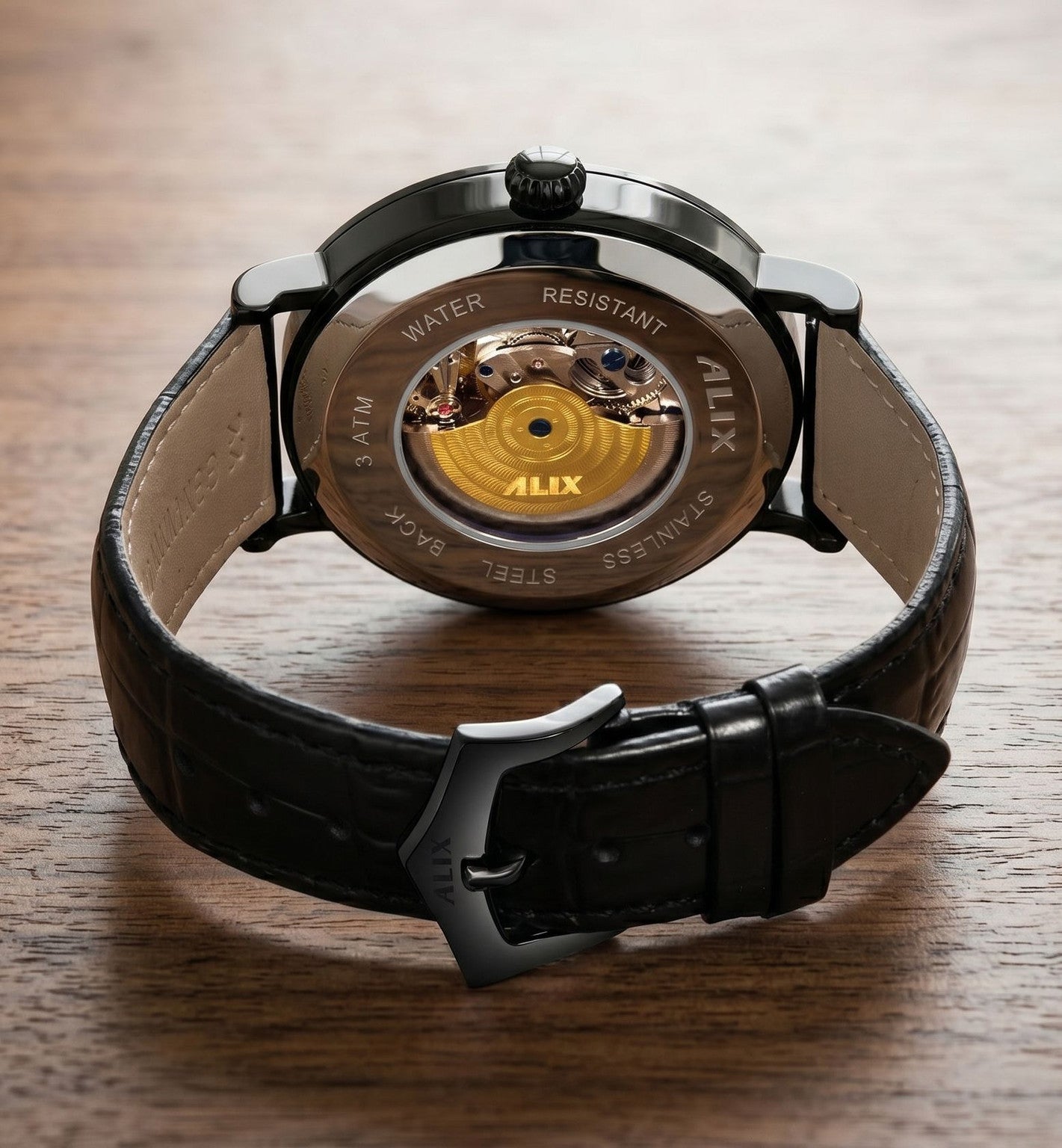 Luxury Automatic Skeleton Watch for Men with Black Leather Strap