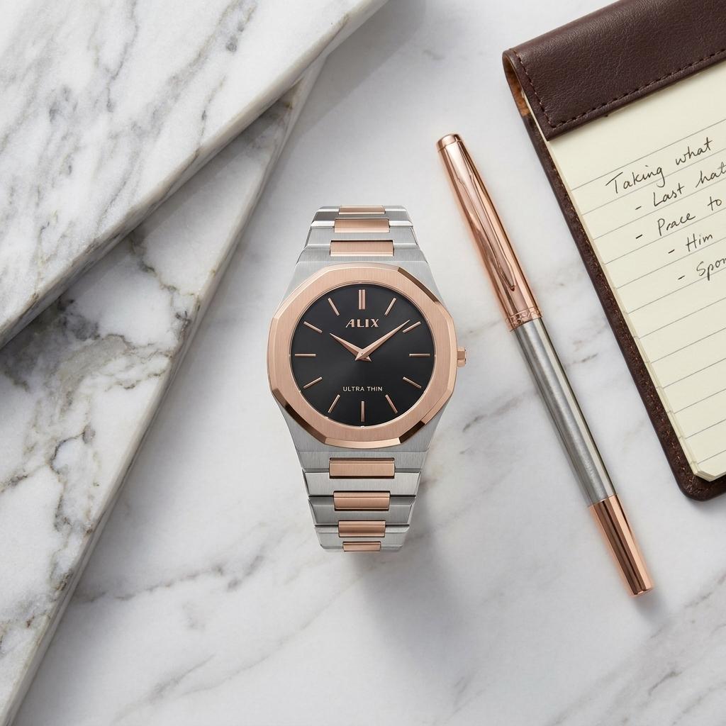 Ultra Thin Black Dial Rose Gold Stainless Steel Watch for Men