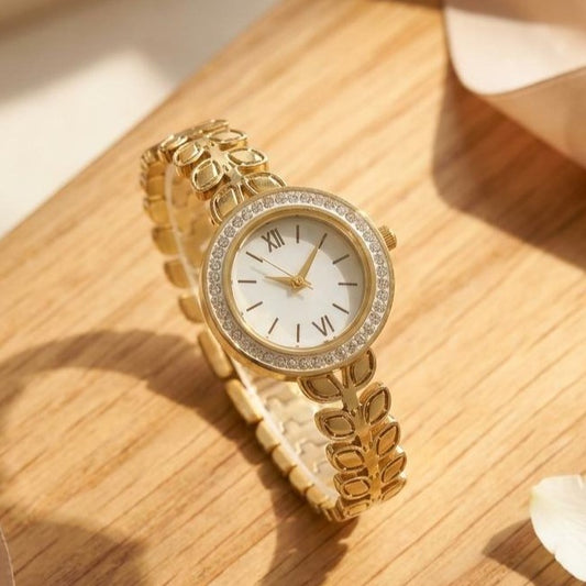 Gold Leaf Pattern Bracelet Watch for Women | Stylish Ladies Watch