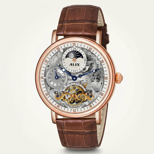 Luxury Automatic Skeleton Watch for Men with Brown Leather Strap