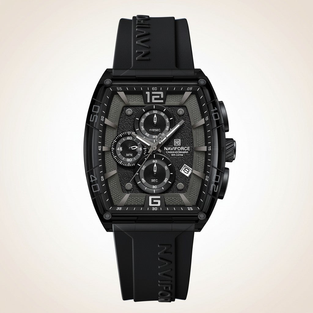 Chronograph Watch for Men, Black Silicone Strap, Analog Quartz Movement, Date Display, Water-Resistant, Stylish Wristwatch for Casual & Sports Wear