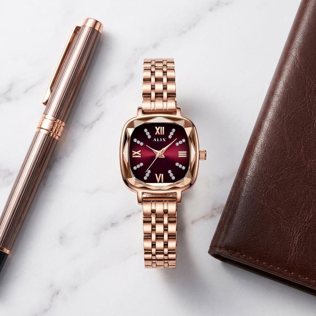 Rose Gold Red Square Dial Analog Watch for Women & Girls