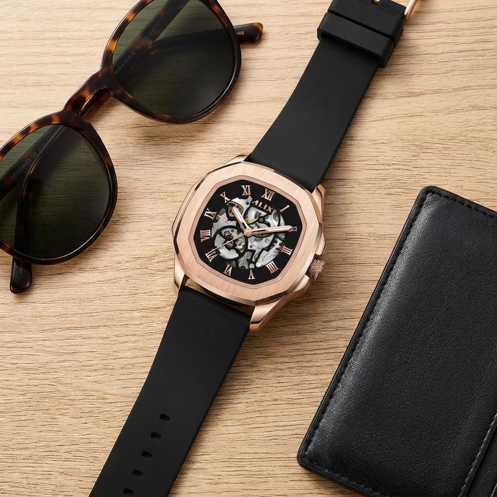 Luxury Automatic Men’s Watch Rose Gold Black Dial Silicone Strap Watch