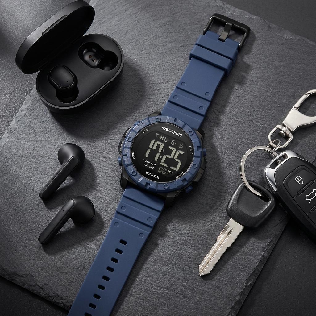Blue Digital Sports Watch for Men Waterproof Style Silicone Strap Watch