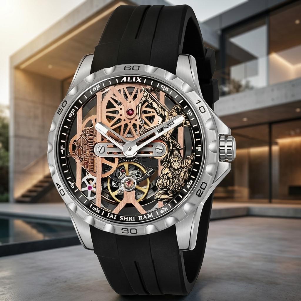 Automatic Skeleton Ram mandir With Lord Rama and hanuman ji Dial Men’s Watch with Black Silicone Strap – Luxury Designer Watch