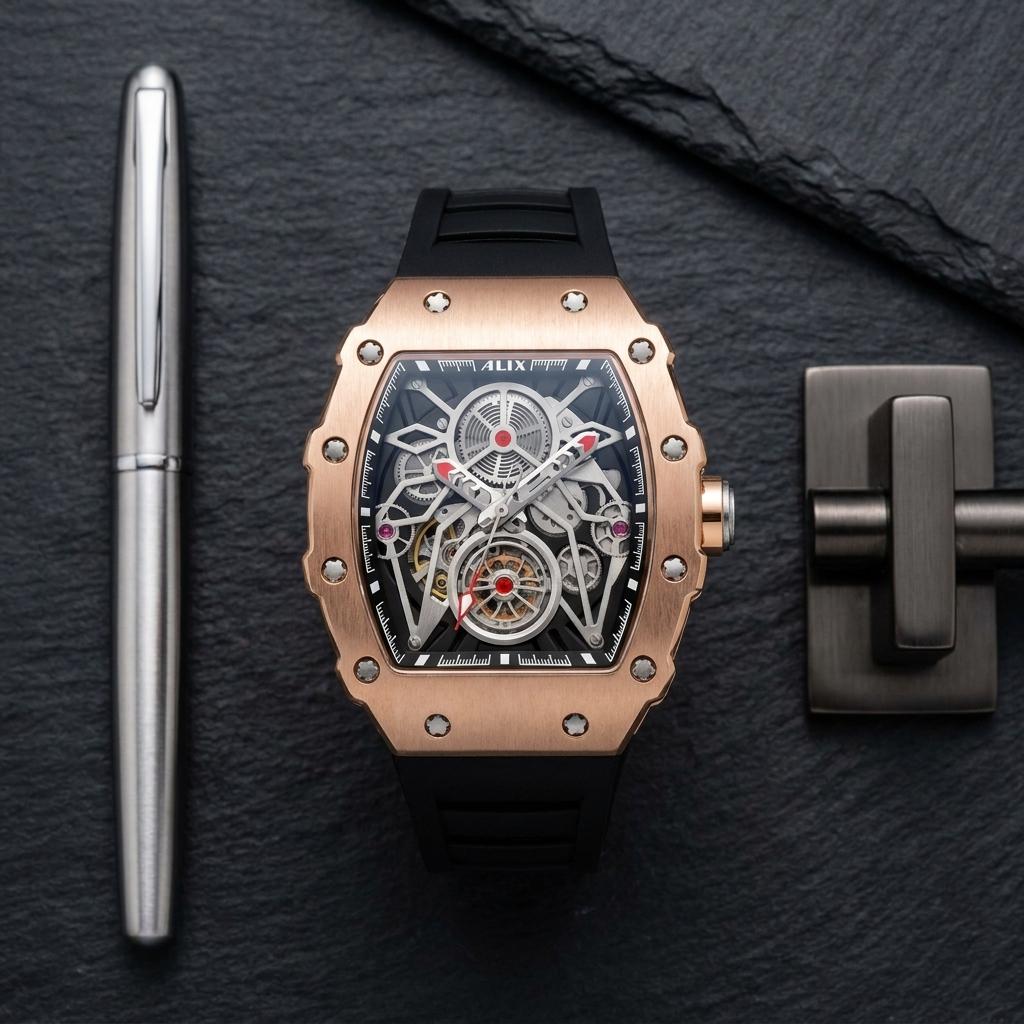 Luxury Automatic Skeleton Watch for Men with Black Silicone Strap