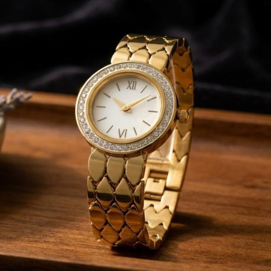 Gold Diamond Studded Women’s Wrist Watch | Elegant Ladies Watch