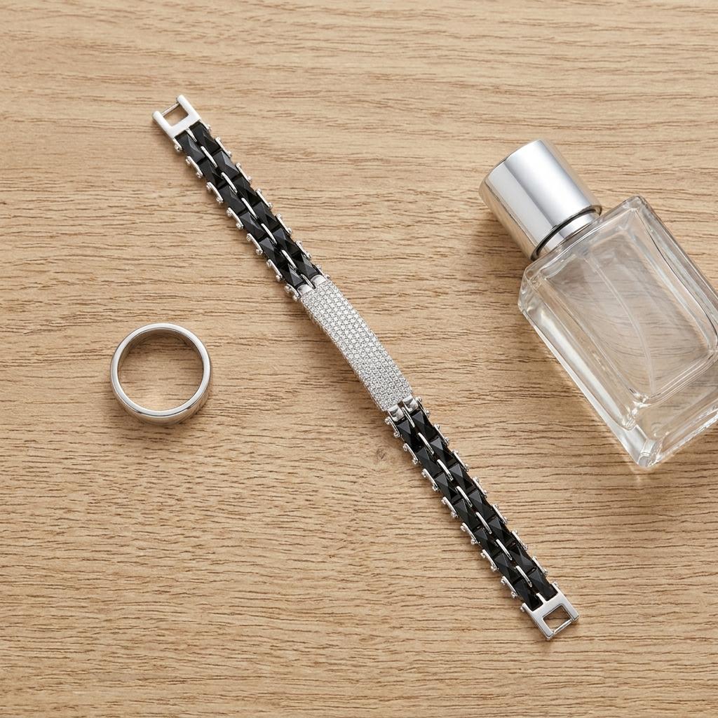 Black Ceramic Stone Bracelet for Men & Boys – Stylish Silver Designer Bracelet