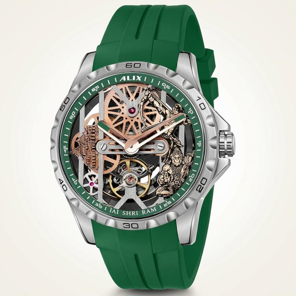 Green Automatic Skeleton Ram mandir With Lord Rama and hanuman ji Dial Men’s Watch with Silicone Strap – Luxury Sports Watch