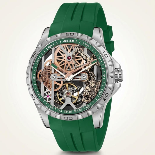 Green Automatic Skeleton Ram mandir With Lord Rama and hanuman ji Dial Men’s Watch with Silicone Strap – Luxury Sports Watch