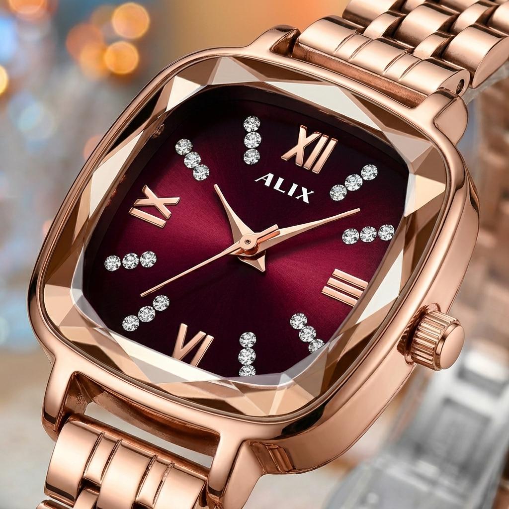 Rose Gold Red Square Dial Analog Watch for Women & Girls