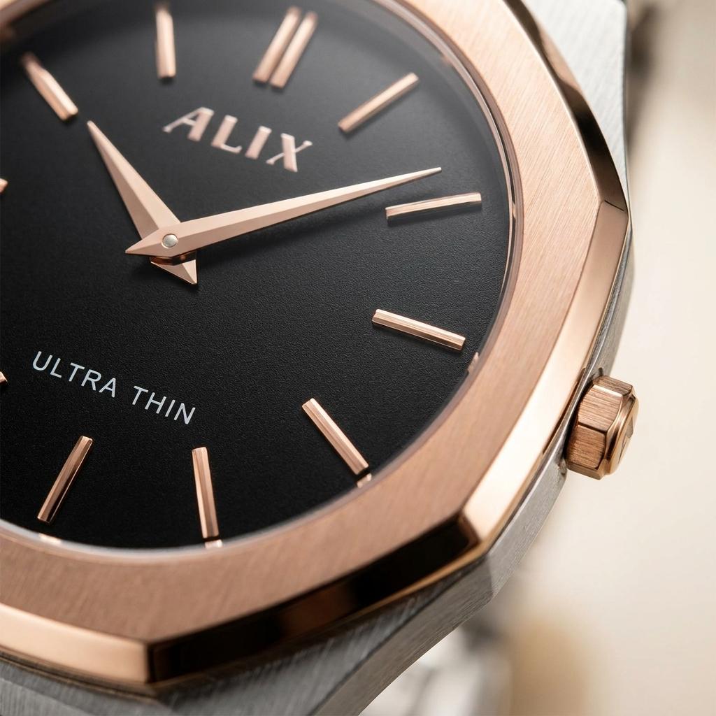 Ultra Thin Black Dial Rose Gold Stainless Steel Watch for Men