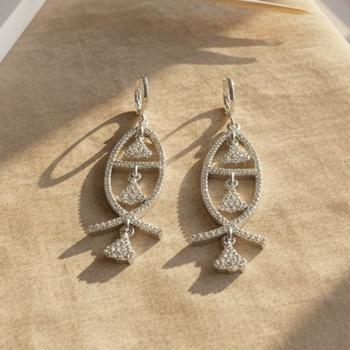 Silver Crystal Fish Design Earrings for Women | Stylish Drop Earrings
