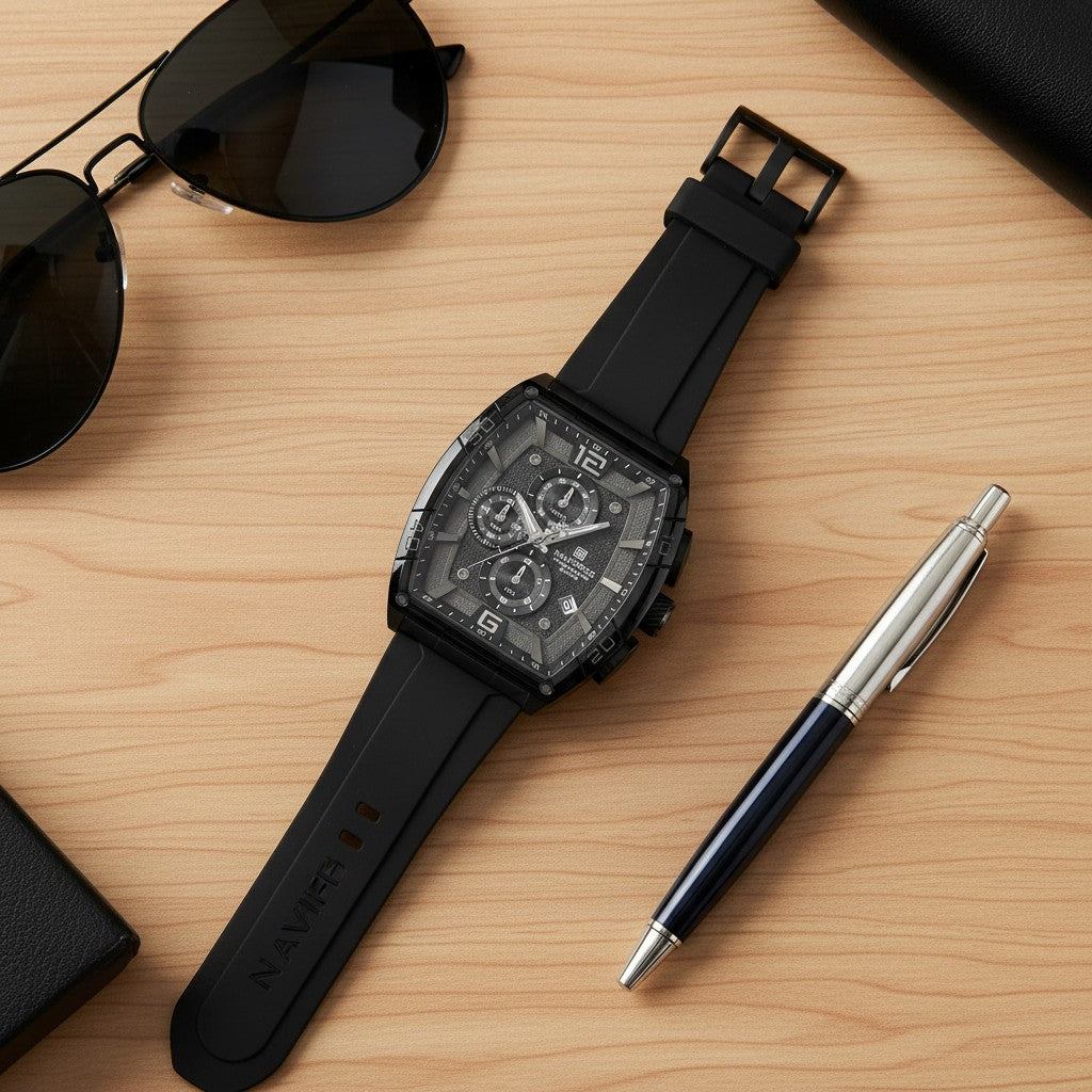 Chronograph Watch for Men, Black Silicone Strap, Analog Quartz Movement, Date Display, Water-Resistant, Stylish Wristwatch for Casual & Sports Wear