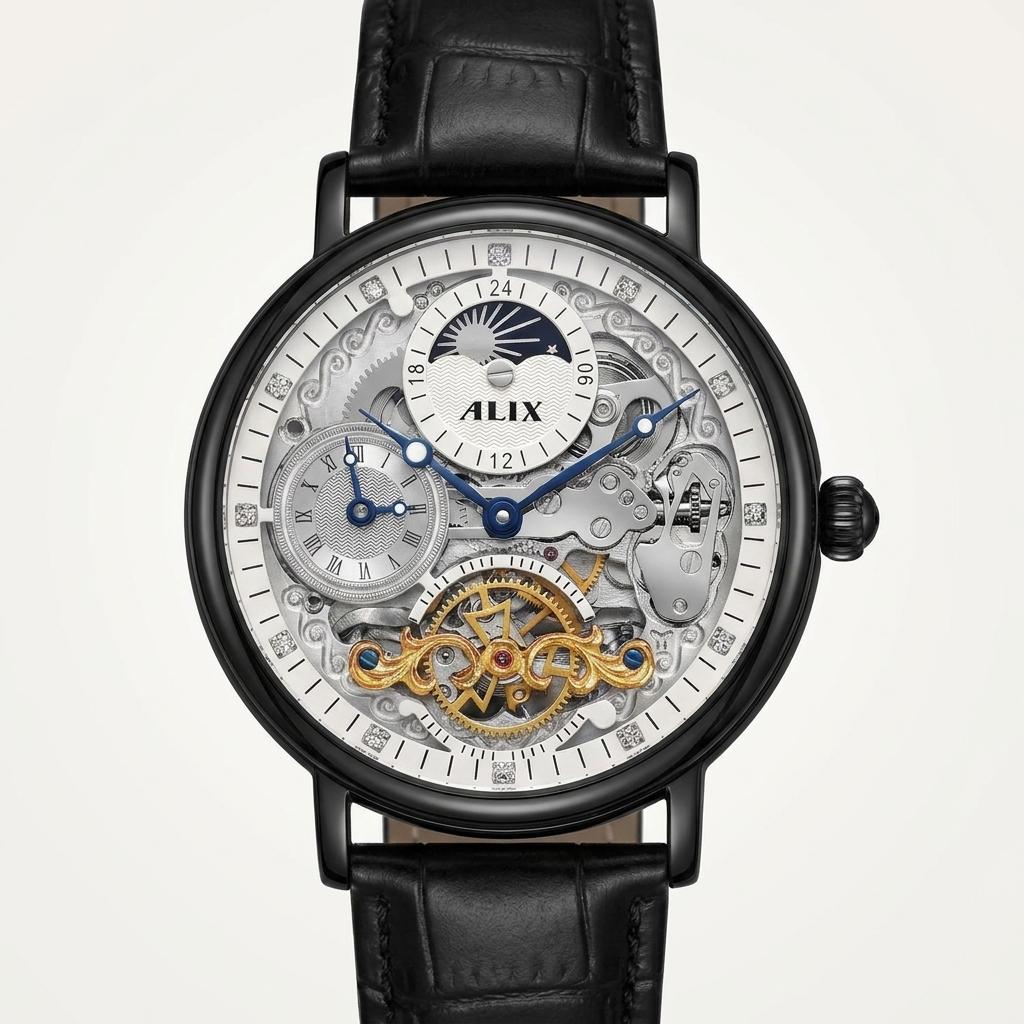 Luxury Automatic Skeleton Watch for Men with Black Leather Strap