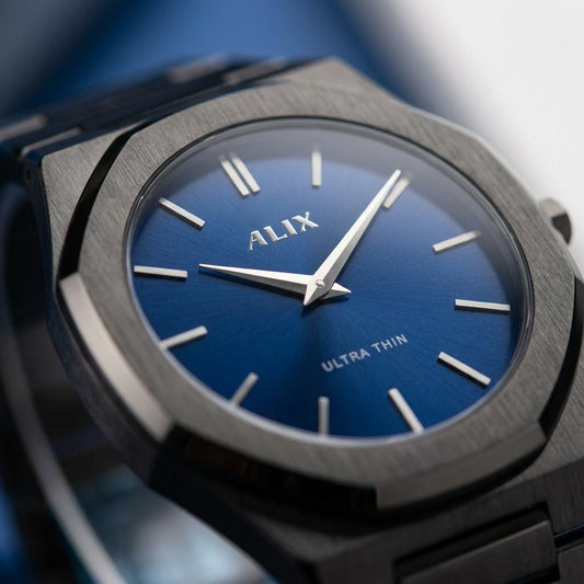 Men’s Ultra Thin Black Stainless Steel Watch with Blue Dial