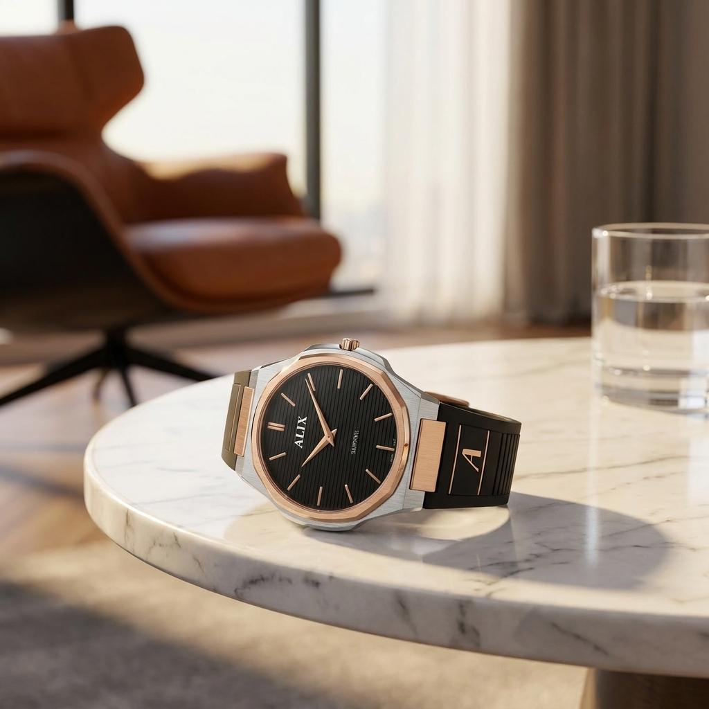 Luxury Black Dial Rose Gold Men’s Watch with Silicone Strap