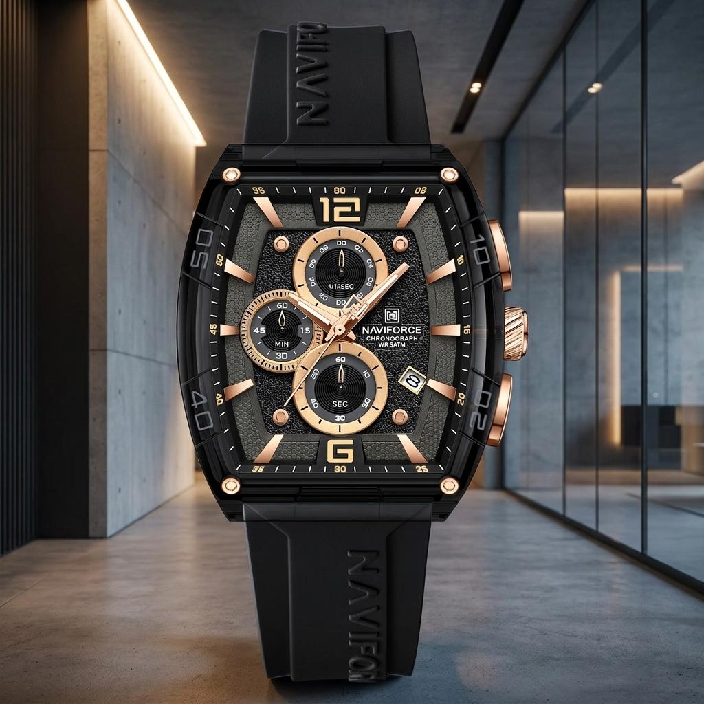 Chronograph Men's Watch with Black Silicone Strap, Water Resistant Quartz Movement, Gold Accents, Date Display for Casual & Formal Wear
