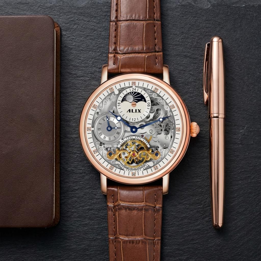 Luxury Automatic Skeleton Watch for Men with Brown Leather Strap
