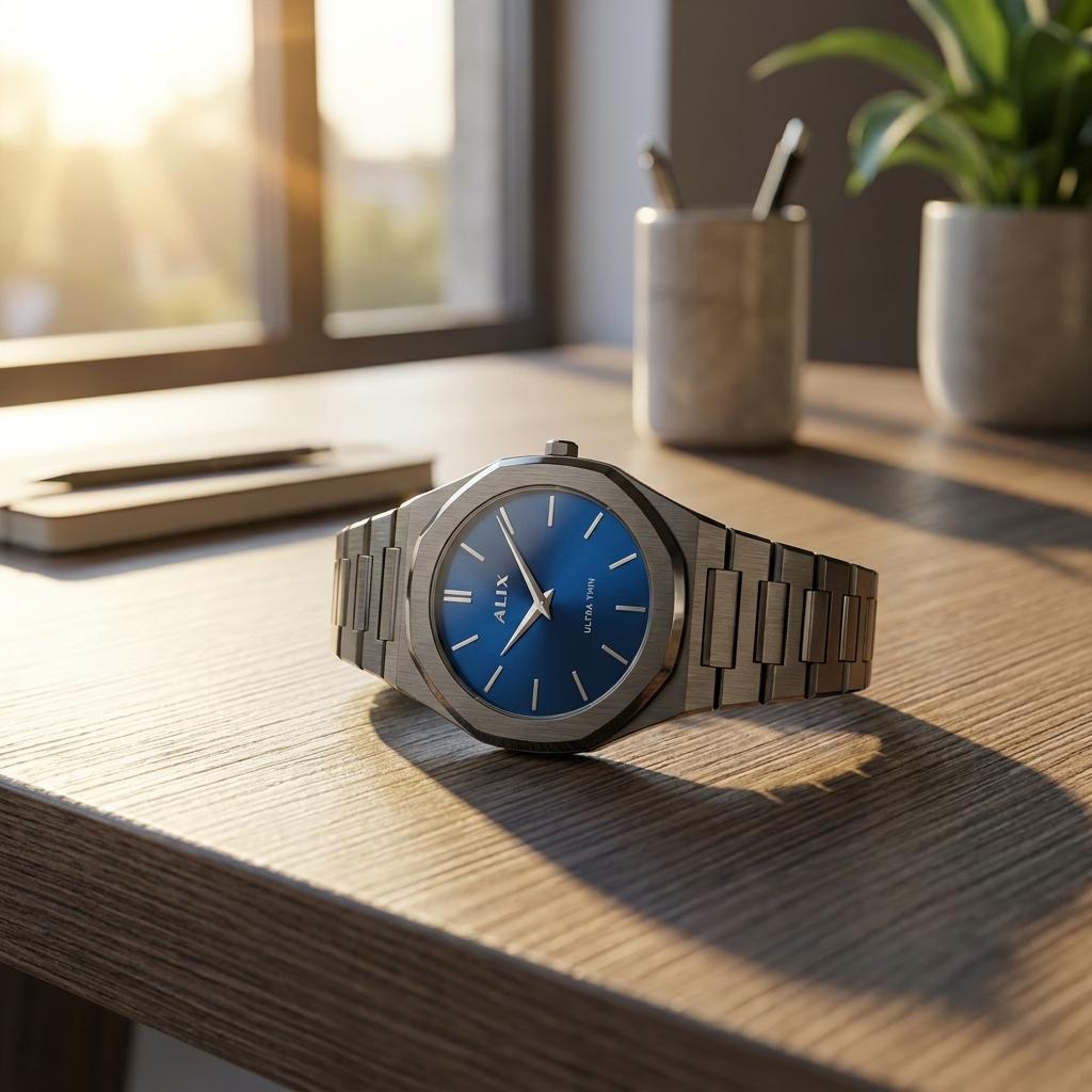 Men’s Ultra Thin Black Stainless Steel Watch with Blue Dial