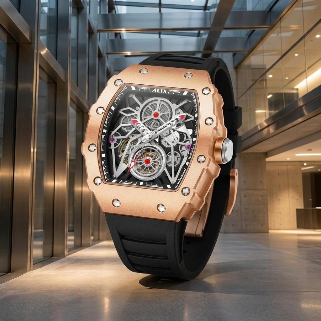Luxury Automatic Skeleton Watch for Men with Black Silicone Strap