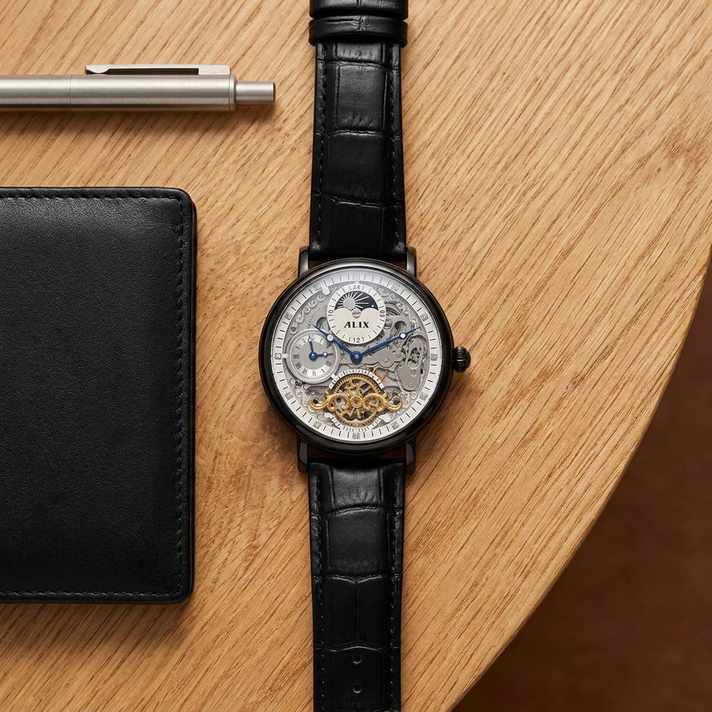 Luxury Automatic Skeleton Watch for Men with Black Leather Strap