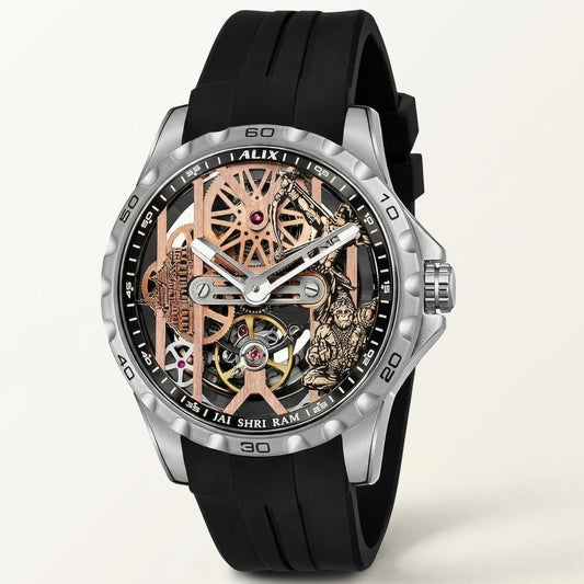 Automatic Skeleton Ram mandir With Lord Rama and hanuman ji Dial Men’s Watch with Black Silicone Strap – Luxury Designer Watch