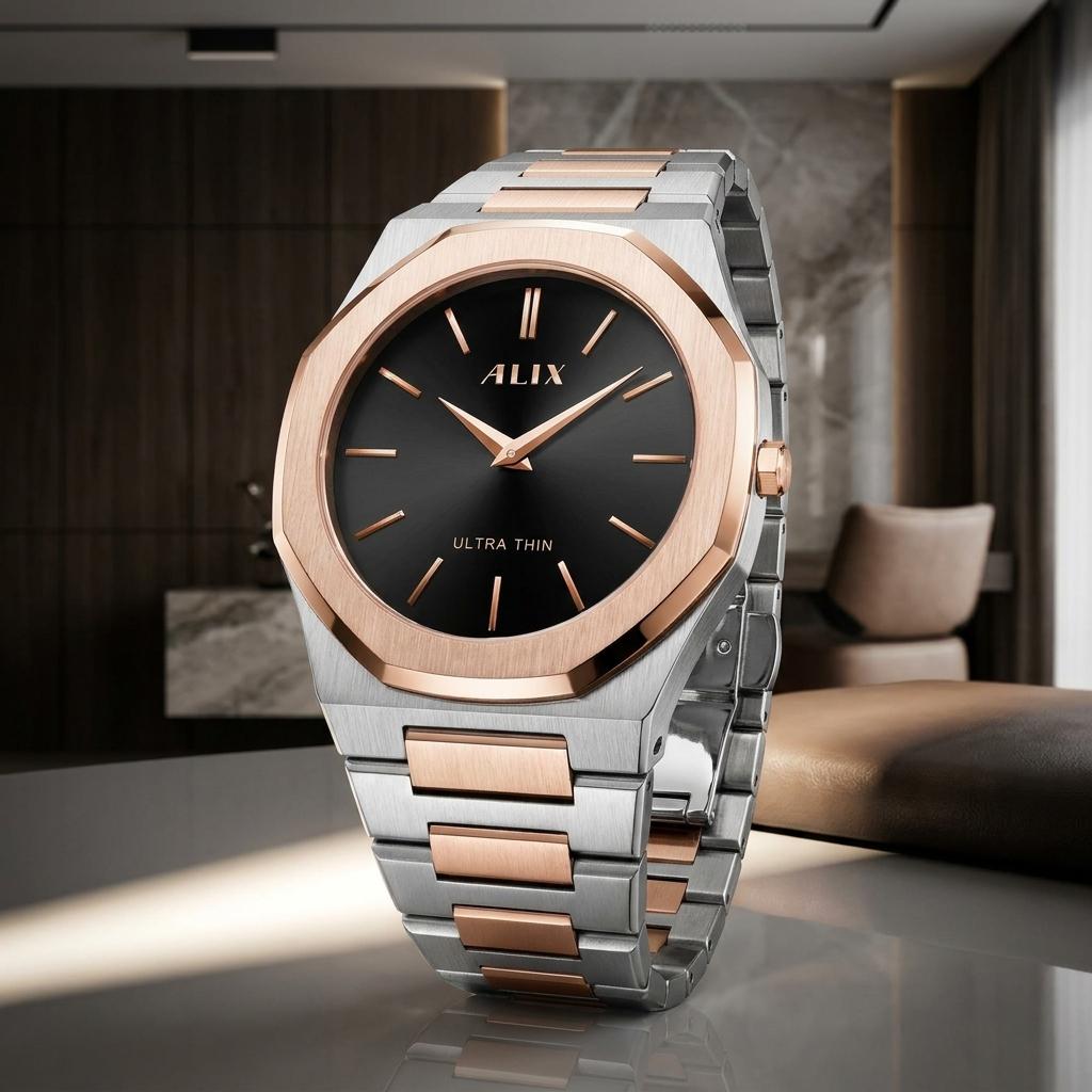 Ultra Thin Black Dial Rose Gold Stainless Steel Watch for Men