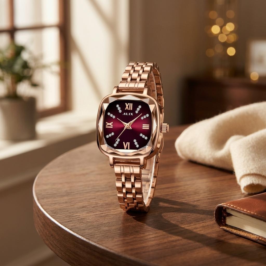 Rose Gold Red Square Dial Analog Watch for Women & Girls