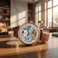 Luxury Automatic Skeleton Watch for Men with Brown Leather Strap