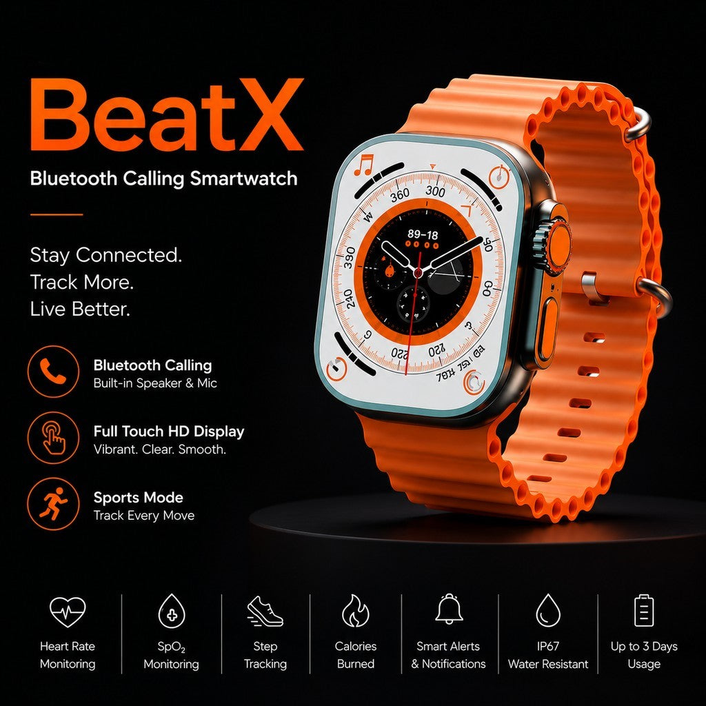 Ultra Smartwatch with Bluetooth Calling, Heart Rate Monitor, Orange Silicon Band, Square Display, Magnetic Fast Charging Cable