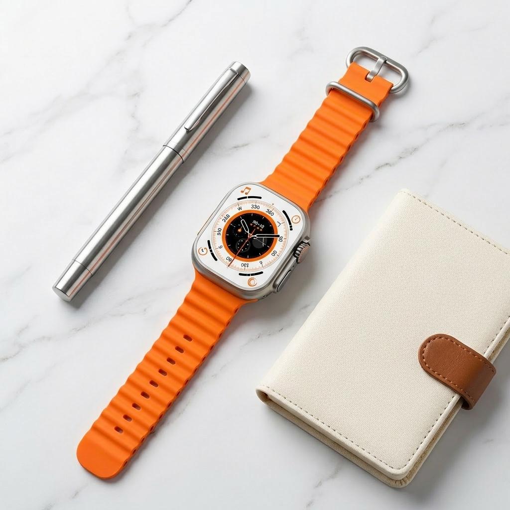 Ultra Smartwatch with Bluetooth Calling, Heart Rate Monitor, Orange Silicon Band, Square Display, Magnetic Fast Charging Cable